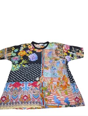 Johnny Was Black Floral Scoop Neck Blouse with Orange Accents